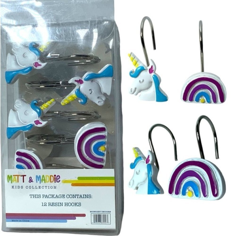 Matt & Maddie Unicorn Rainbow Hooks Kids Collection 12 Shower Curtain Hook Set